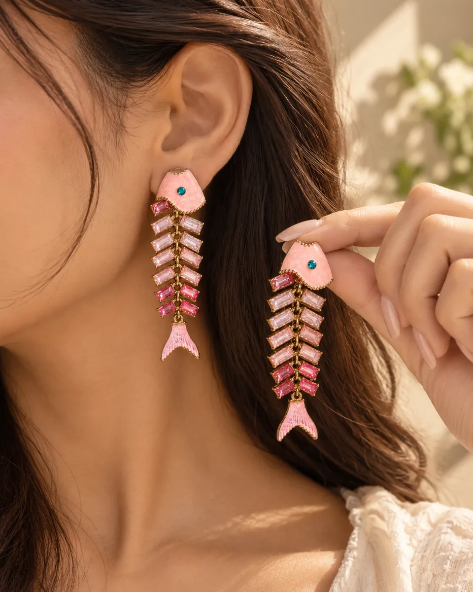 Fish Tales Pink Enamel Drop Earrings